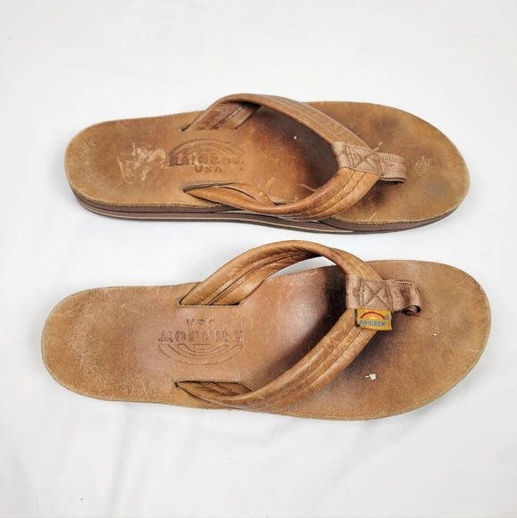 Rainbow Brown Leather Flip Flops - Picture 1 of 6